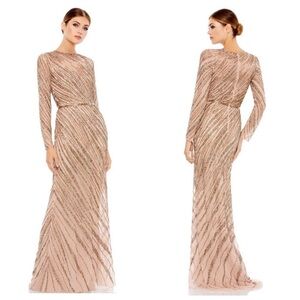 Mac Duggal 5240 LONG SLEEVE BEADED COLUMN GOWN in Mocha size 12